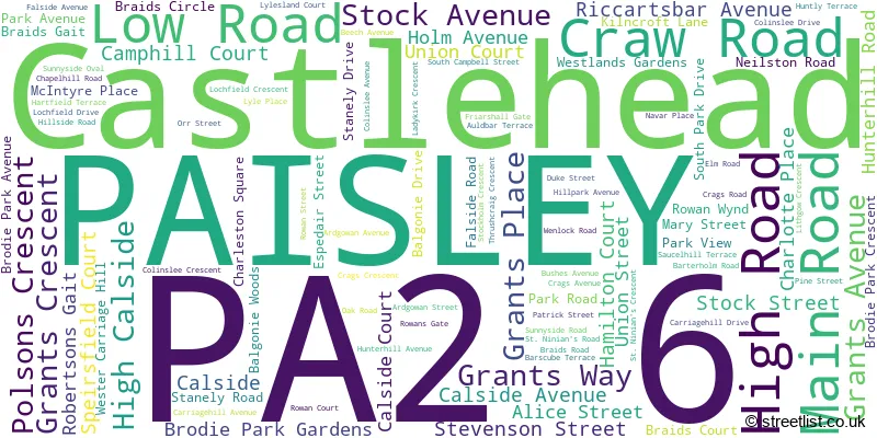 A word cloud for the PA2 6 postcode